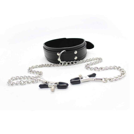 Black Leather Necklace Choker with Silver Chain Nipple Stimulators