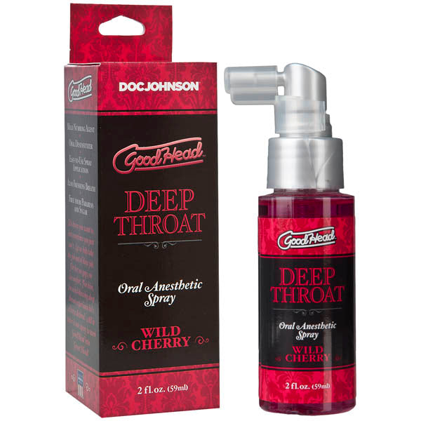 The image shows the packaging and the bottle of GoodHead Deep Throat Spray. The packaging is predominantly black with red text and accents, while the bottle is clear with a red spray nozzle and label that reads 'Wild Cherry'.