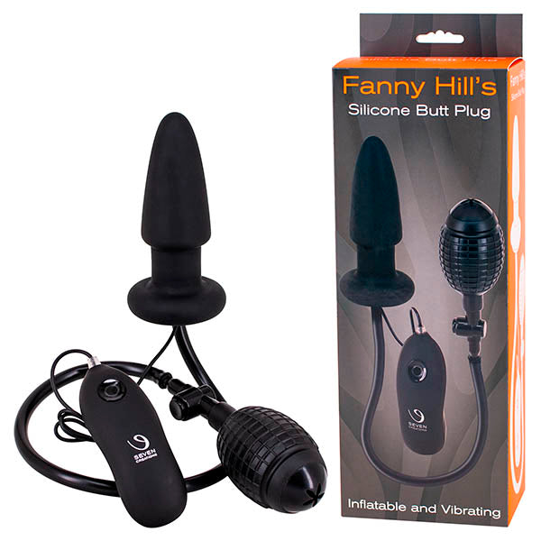 The image shows a fanny hills black silicone butt plug with an attached pump and control unit, along with its packaging that highlights the inflatable and vibrating features.