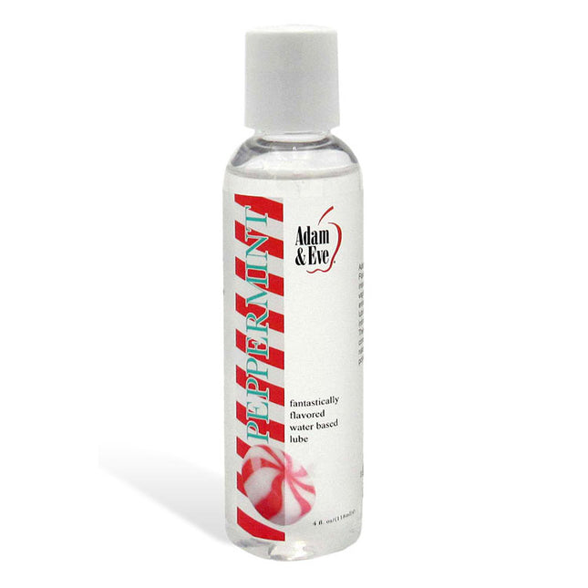 Bottle of Adam & Eve Peppermint flavored water-based lubricant on a white background