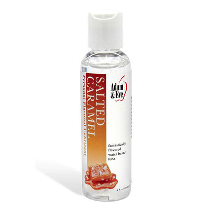 Bottle of Adam & Eve Salted Caramel flavored lubricant on a white background