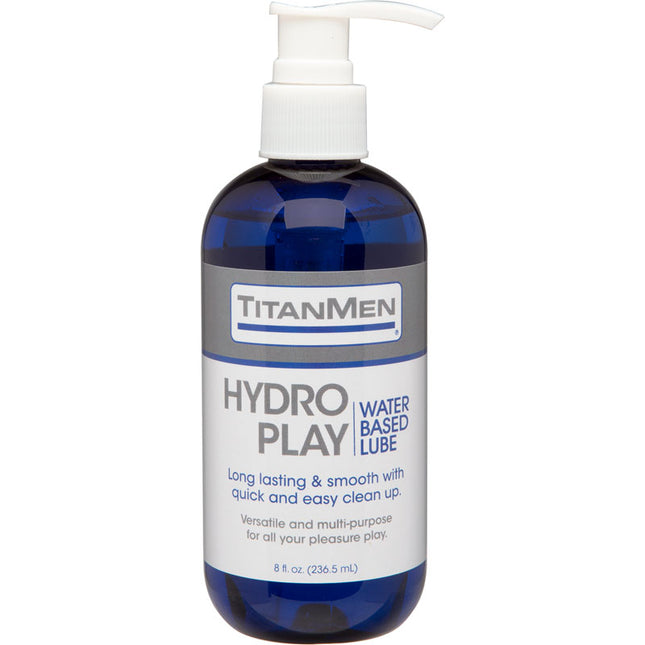 A 240 ml pump bottle of TitanMen Hydro Play Water Based Lubricant with a blue label.