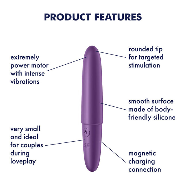 Product Features Diagram of body safe silicone USB Rechargeable Satisfyer Ultra Power Bullet 6 Purple Vibrator