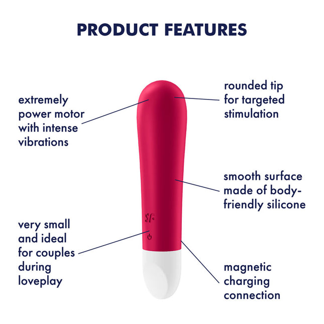 Product Feature Diagram of Mini rechargeable Satisfyer Ultra Power Bullet 1 Red Vibrator