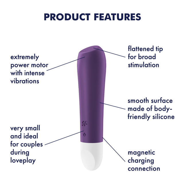 Product Features Diagram of mini rechargeable Satisfyer Ultra Power Bullet 2 Purple Vibrator 