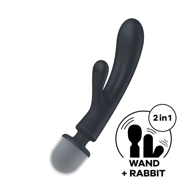 Black and gray 2-in-1 wand and rabbit toy on a white background with '2in1 Wand + Rabbit' text.