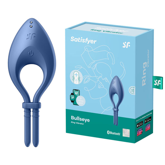 The product image shows a blue adjustable vibrating lasso cock ring along with its packaging. The packaging has the 'Satisfyer' brand logo and an illustration of the product in use.