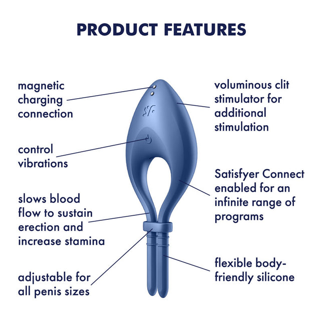 Satisfyer Bullseye Vibrating Adjustable Lasso Cock Ring – Blue product features on a white background
