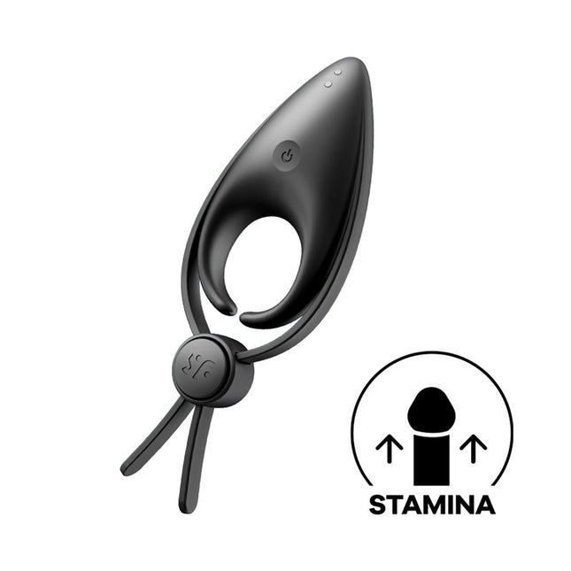 A black adjustable vibrating lasso cock ring with a slider for size adjustment, featuring a sleek design.