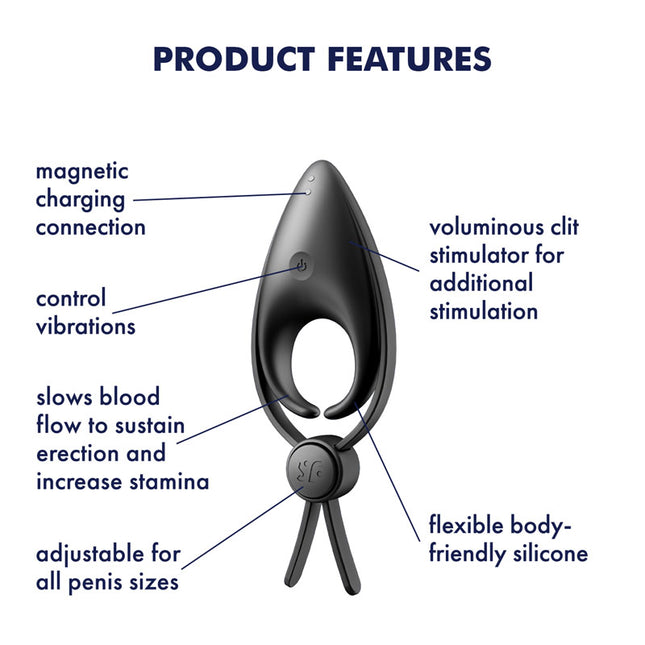 Satisfyer Sniper Vibrating Adjustable Lasso Cock Ring – Black product features diagram