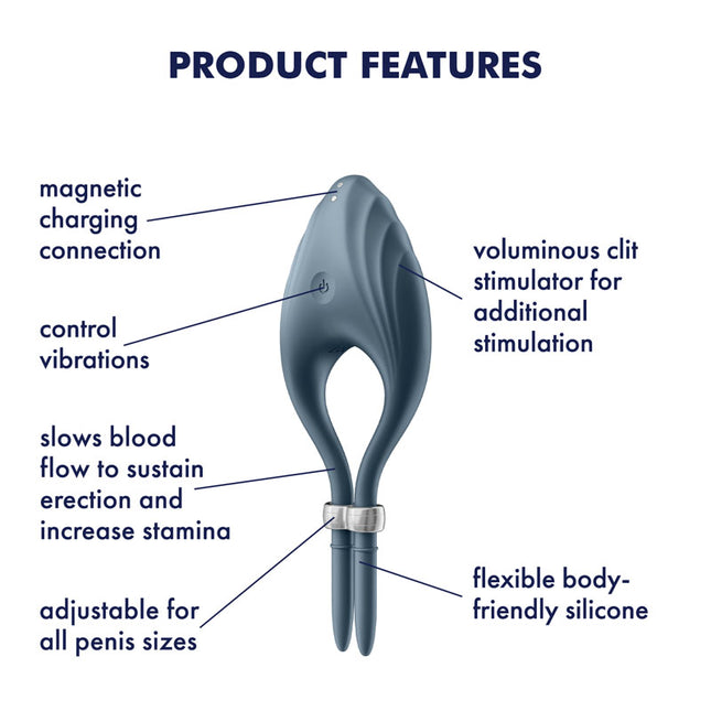 Satisfyer Duelist Vibrating Adjustable Lasso Cock Ring product features diagram