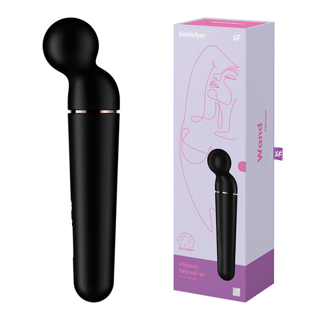 Satisfyer Planet Wand-er Vibrator - Black Front View with Case