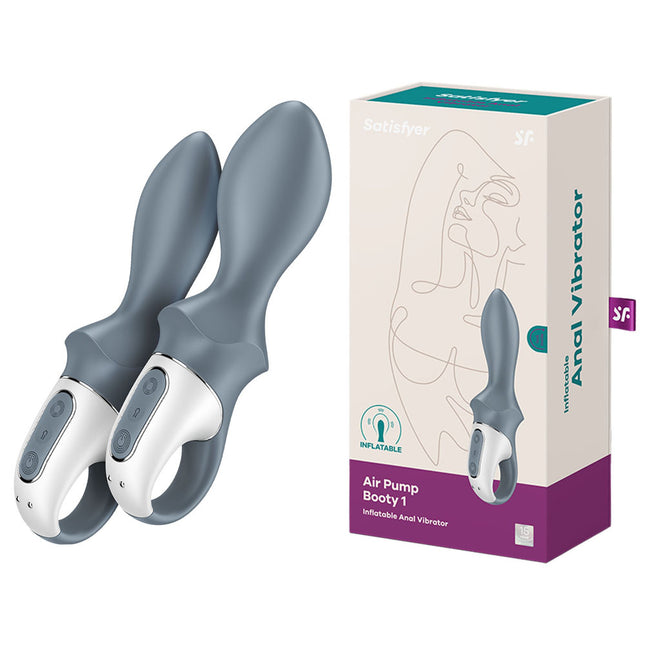 A grey inflatable anal vibrator with a looped handle and increasing tip diameter, alongside its packaging box displaying the product and brand name.