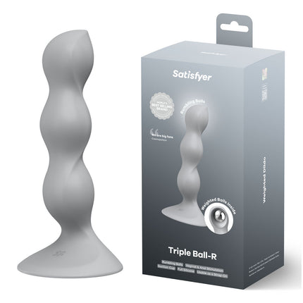 Gray twisted cylindrical product with Satisfyer packaging on a white background