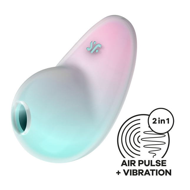 The image shows a mint/pink USB rechargeable vibrating air pulse stimulator, known as the Satisfyer Pixie Dust. It has a smooth, curved design with a color gradient shifting from pink to mint.