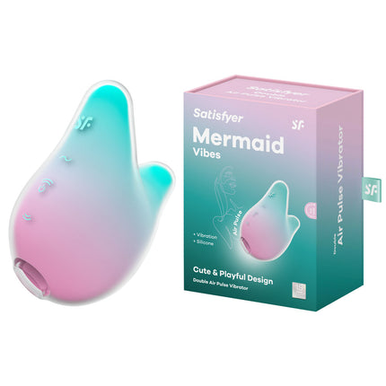 The product image shows the Satisfyer Mermaid Vibes vibrator in a mint to pink color gradient, along with its packaging box which highlights its features including USB rechargeable and air pulse technology.