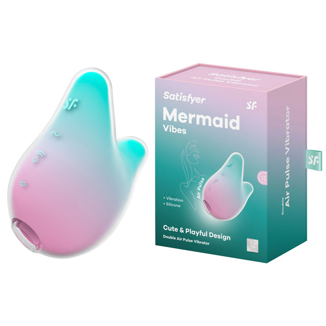 The product image shows the Satisfyer Mermaid Vibes vibrator in a mint to pink color gradient, along with its packaging box which highlights its features including USB rechargeable and air pulse technology.