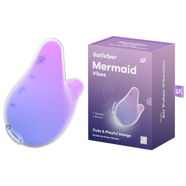 The product image shows the Satisfyer Mermaid Vibes vibrator in a violet/pink color gradient. The device has a unique shape, resembling a mermaid's tail, and is displayed next to its packaging box.