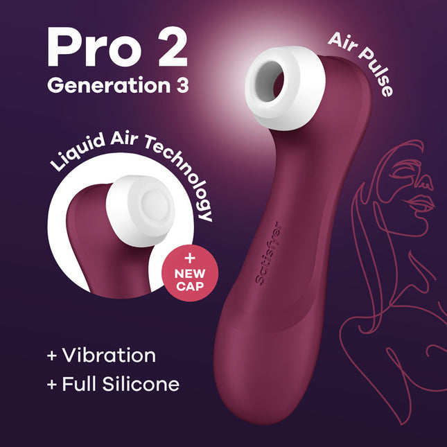 A wine red clitoral stimulator with a white Air Pulse nozzle, shown in an angled position highlighting the device's sleek design and the Air Pulse technology.
