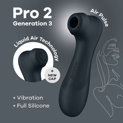 The image shows the dark grey Satisfyer Pro 2 Generation 3 clitoral stimulator. It highlights features such as Liquid Air Technology, new cap, vibration, and full silicone construction.