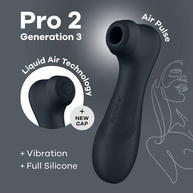 The image shows the dark grey Satisfyer Pro 2 Generation 3 clitoral stimulator. It highlights features such as Liquid Air Technology, new cap, vibration, and full silicone construction.