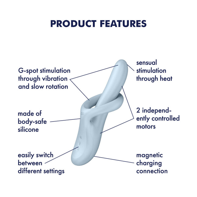Product Features Digram of Satisfyer Heat Flex 4 Blue Heating Rabbit Vibrator made of body safe silicone