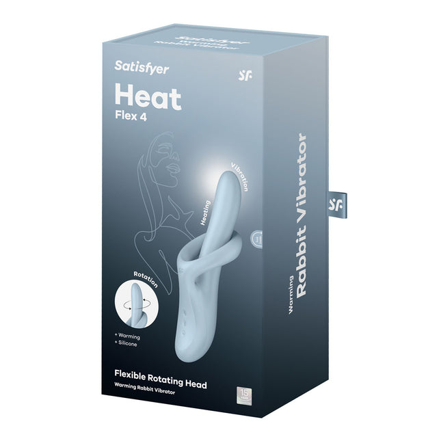 Box front view of heating flexible Satisfyer flex 4 blue rabbit vibrator