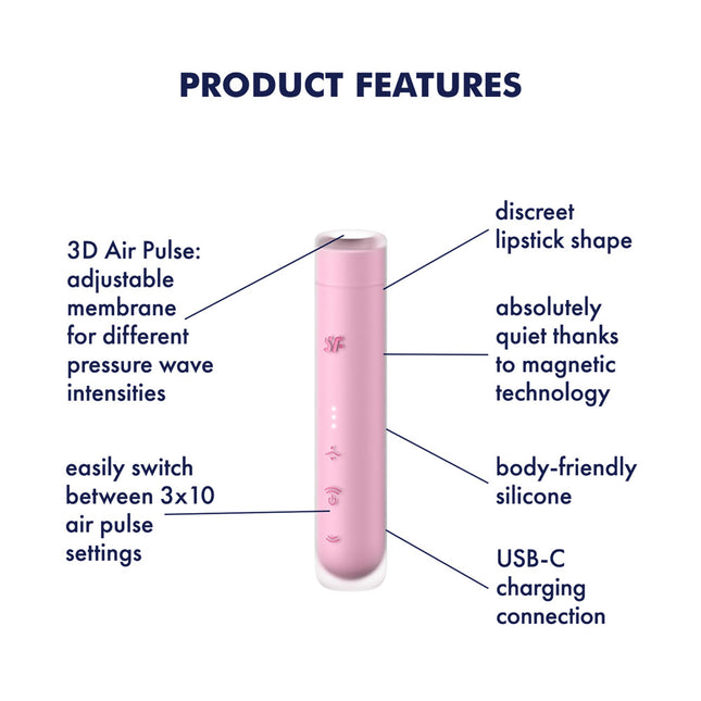 Product Features Diagram with Body Friendly Silicone Satisfyer First Kiss - Pink Air Pulse Stimulator