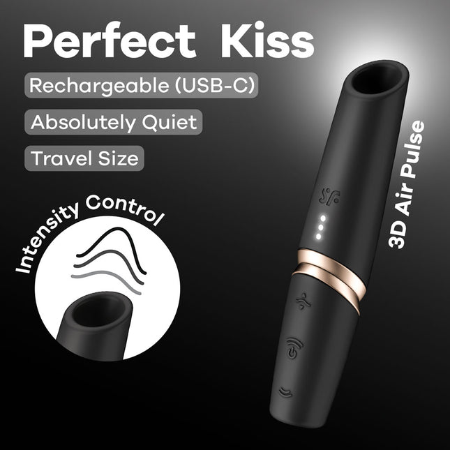 Satisfyer Perfect Kiss Black Air Pulse Stimulator USB Rechargeable Quiet Travel Vibrator