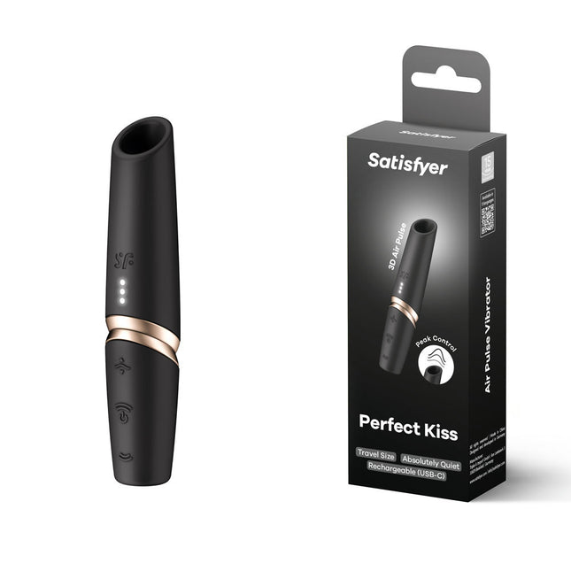 Satisfyer Perfect Kiss Black Air Pulse Stimulator with Case Front View