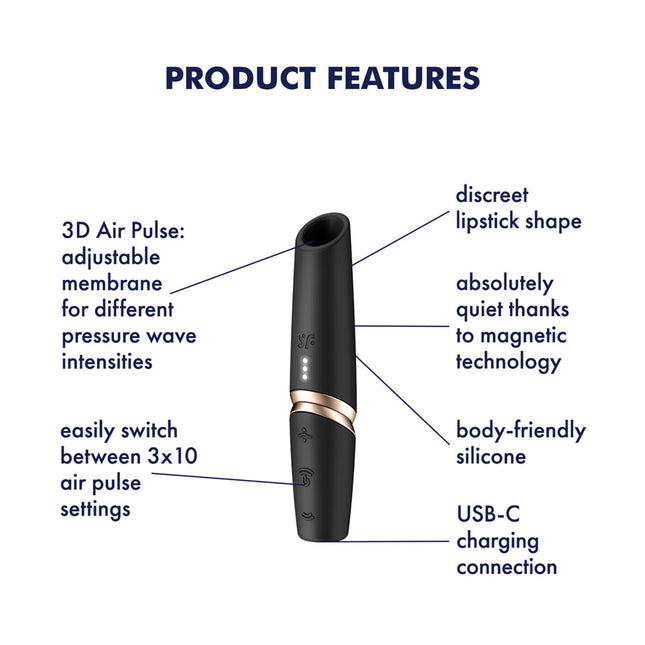 Product Features Diagram of Body Friendly Silicone Satisfyer Perfect Kiss Black Air Pulse Stimulator