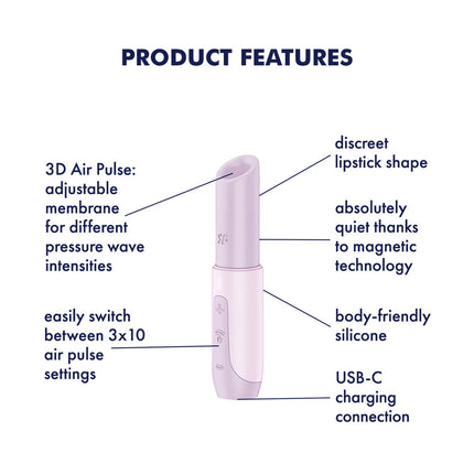 Product Features Diagram of silicone body friendly lipstick shaped Satisfyer Secret Kiss - Lilac Air Pulse Stimulator