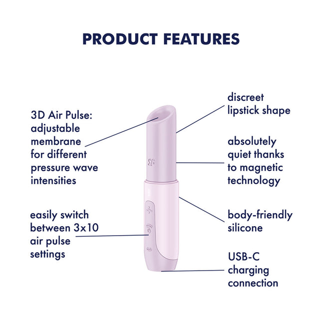 Product Features Diagram of silicone body friendly lipstick shaped Satisfyer Secret Kiss - Lilac Air Pulse Stimulator
