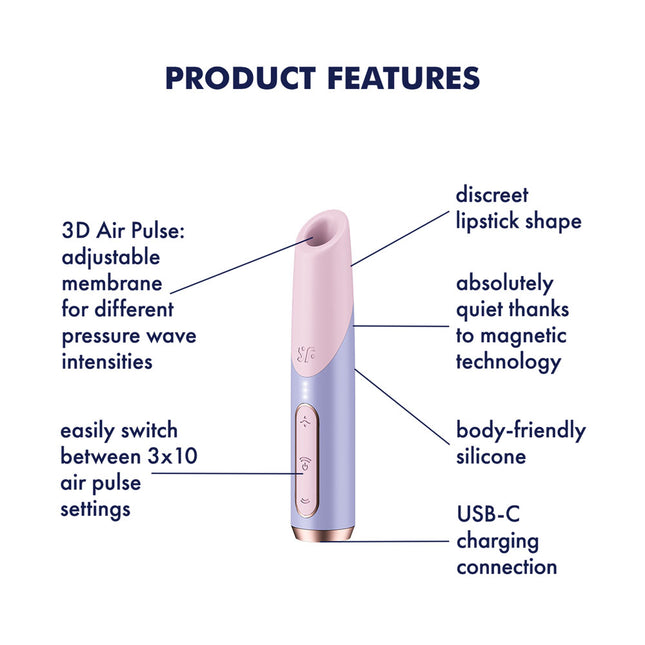 Product Features Diagram of silicone friendly, rechargeable Satisfyer Bold Kiss - Purple Air Pulse Stimulator
