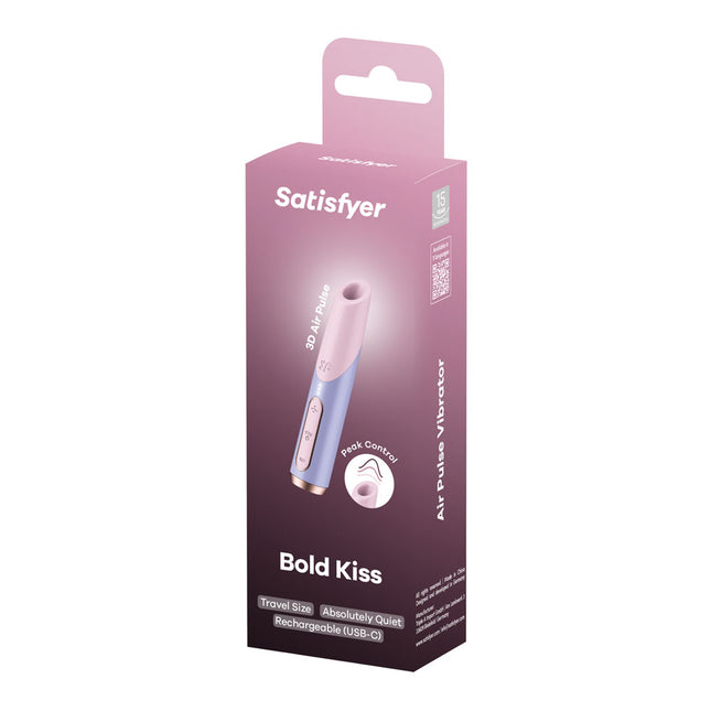 Case front view of Satisfyer Bold Kiss - Purple Air Pulse Stimulator