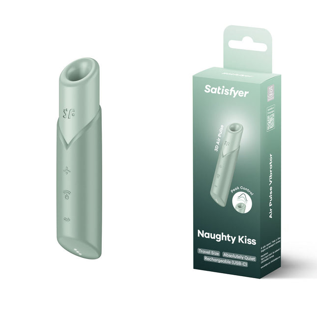 Satisfyer Naughty Kiss - Mint Green Air Pulse Stimulator Front View with Case