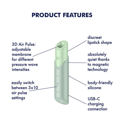 Product Features Diagram of Body Friendly Silicone Satisfyer Naughty Kiss - Mint Green Air Pulse Stimulator