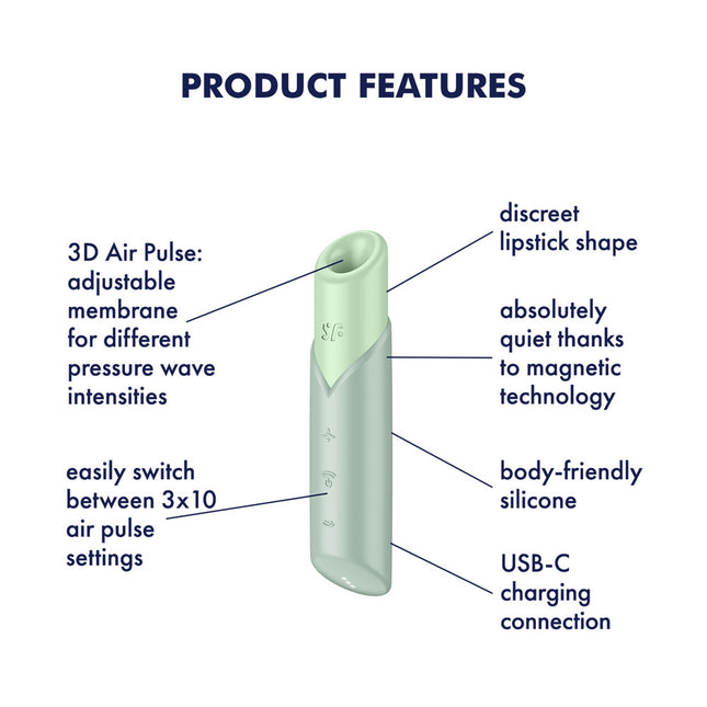 Product Features Diagram of Body Friendly Silicone Satisfyer Naughty Kiss - Mint Green Air Pulse Stimulator