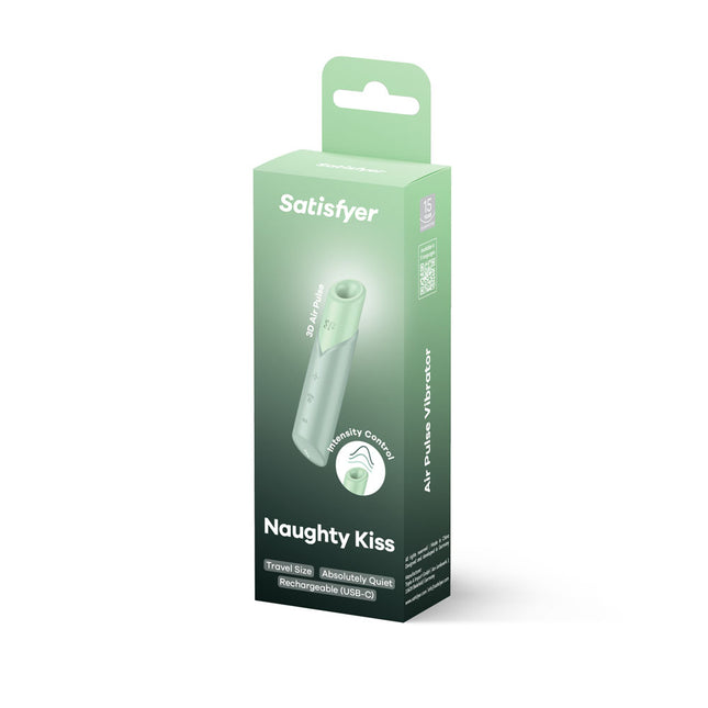 Case front view of Satisfyer Naughty Kiss - Mint Green Air Pulse Stimulator