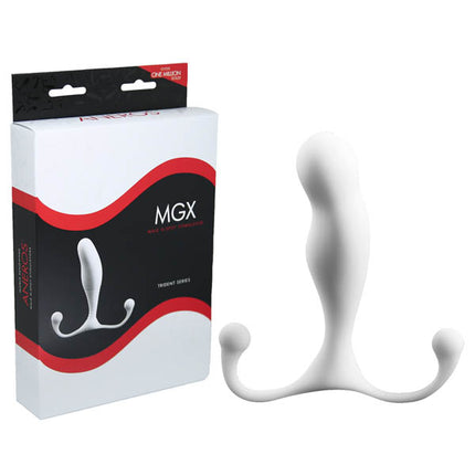 The product image shows the Aneros MGX Trident prostate massager in white, along with its packaging. The packaging has a predominantly white and red color scheme with images of the product.