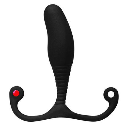 A black prostate wand with a ribbed stem and angled head. It includes additional tabs for external stimulation. Aneros brand