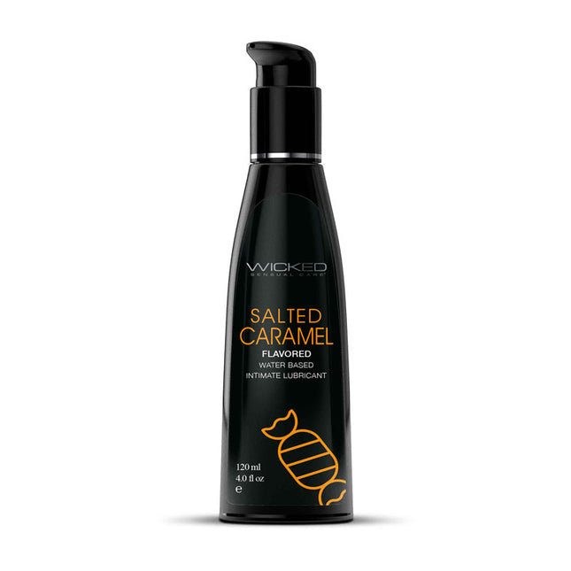 A black bottle with a pump dispenser labeled 'WICKED AQUA Salted Caramel' with an image of a caramel candy on it.