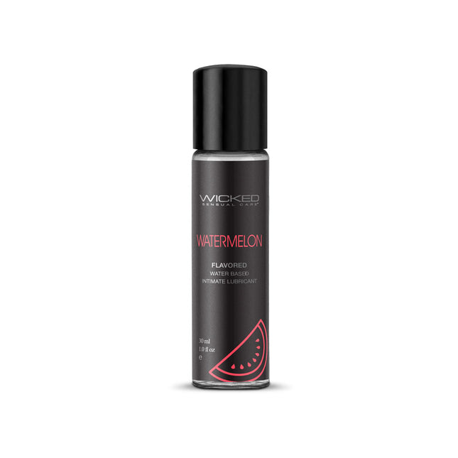 A 30 ml (1 oz) bottle of Wicked Aqua Watermelon flavored water-based lubricant. The bottle is tall and slender with a black cap and has a label with a watermelon slice graphic and text.