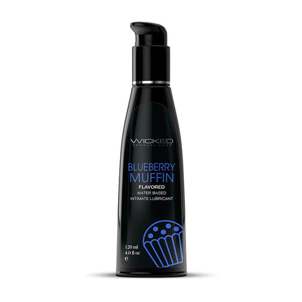 A black bottle of Wicked Aqua Blueberry Muffin water-based lubricant with a 120 ml (4 oz) capacity. The bottle is labeled with the product name and an image of a blueberry muffin.
