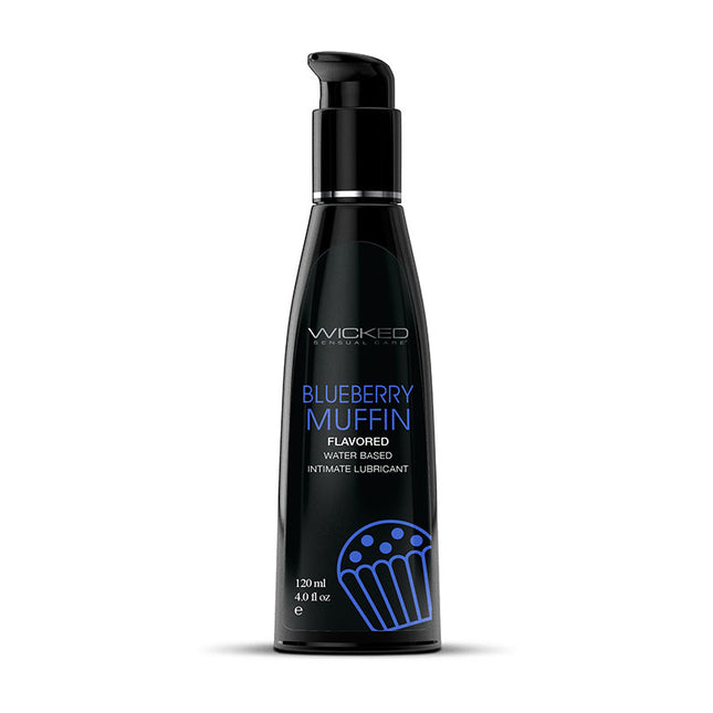 A black bottle of Wicked Aqua Blueberry Muffin water-based lubricant with a 120 ml (4 oz) capacity. The bottle is labeled with the product name and an image of a blueberry muffin.