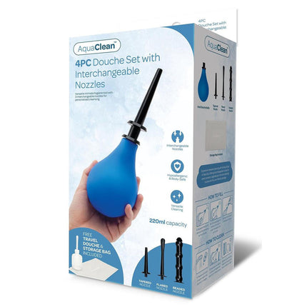 Packaging of the AquaClean 4 Piece Douche Set with Interchangeable Nozzles. The box shows a blue douche bulb, three different nozzles, and the text indicating the 220 ml capacity, free travel douche, and storage bag included.