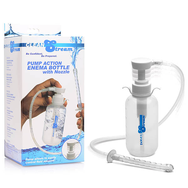 The image shows a CleanStream Pump Action Enema Bottle 300ml with a nozzle, along with its packaging. The bottle is white with blue measurement markers and a gray pump.