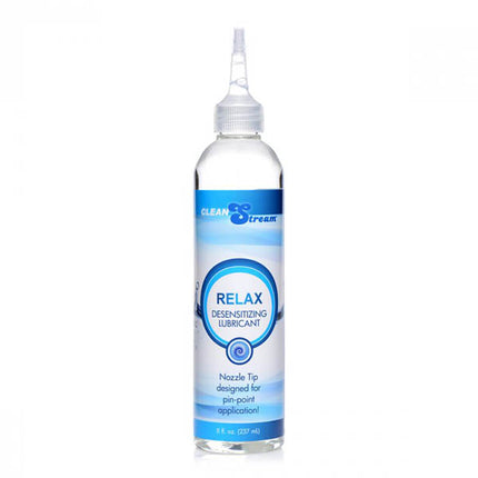 A 237 ml bottle of CleanStream Relax Desensitising Lubricant with a nozzle tip, predominantly clear in color with blue and white labeling.