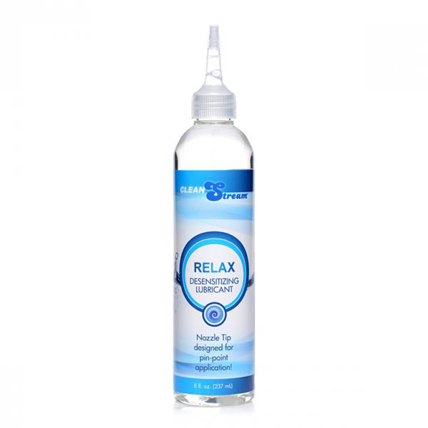 A 237 ml bottle of CleanStream Relax Desensitising Lubricant with a nozzle tip, predominantly clear in color with blue and white labeling.