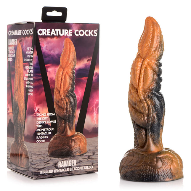 A silicone fantasy dildo with a rippled, tentacle-like shape, featuring colors of red, orange, and brown. The dildo has a flared suction cup base and is shown both in its packaging and standalone.